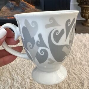 LOVE AIMER‎ Footed Coffee Mug White Gray Hearts Swirl Pattern